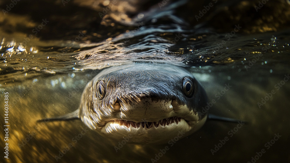 Fototapeta premium Eerie underwater shot of dark menacing shark eyes peering through water