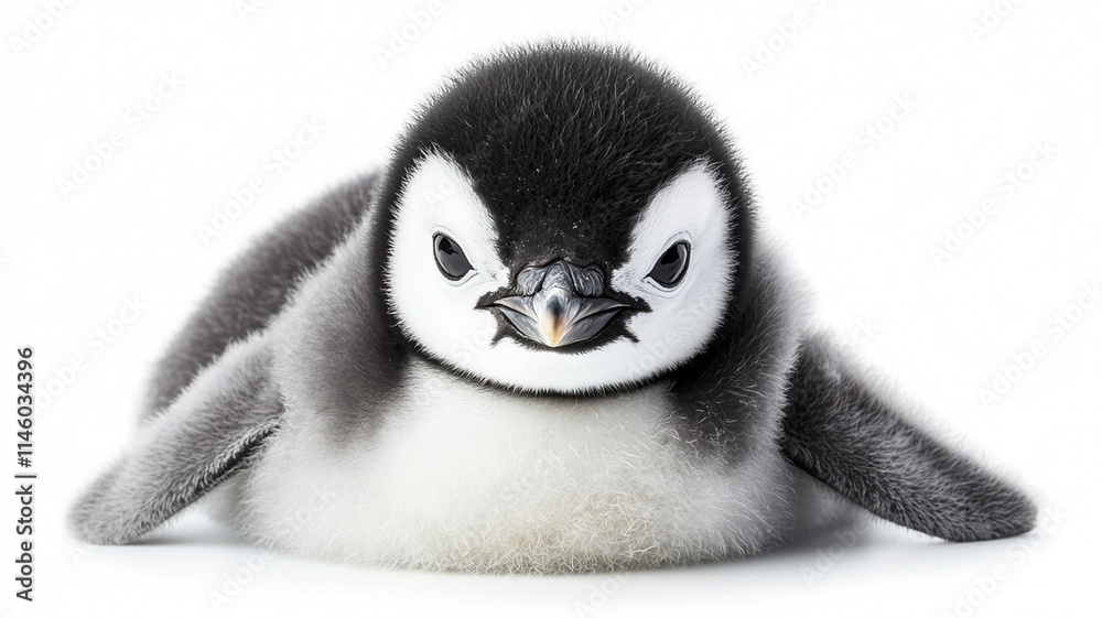 Obraz premium Cute penguin chick with fluffy feathers on white background