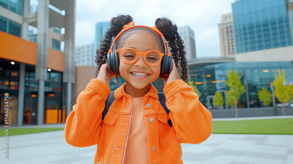 Fototapeta premium A young girl walks down the street listening to music on headphones