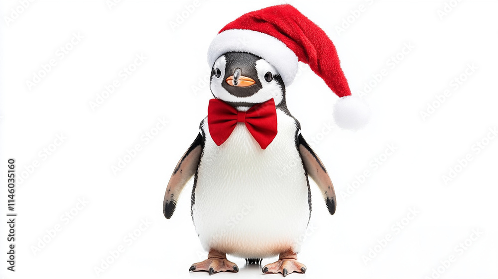 Fototapeta premium Festive penguin in Santa hat and red bow tie, ready for Christmas cheer