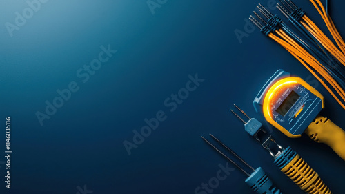 Tools for electrical work, including voltmeter and probes, on blue background photo