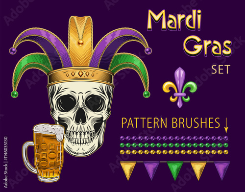 Pack of design elements for Mardi Gras holiday with human skull in jester harlequin hat, beer glass, bead strings, fleur de lis sign. Clip art in vintage style