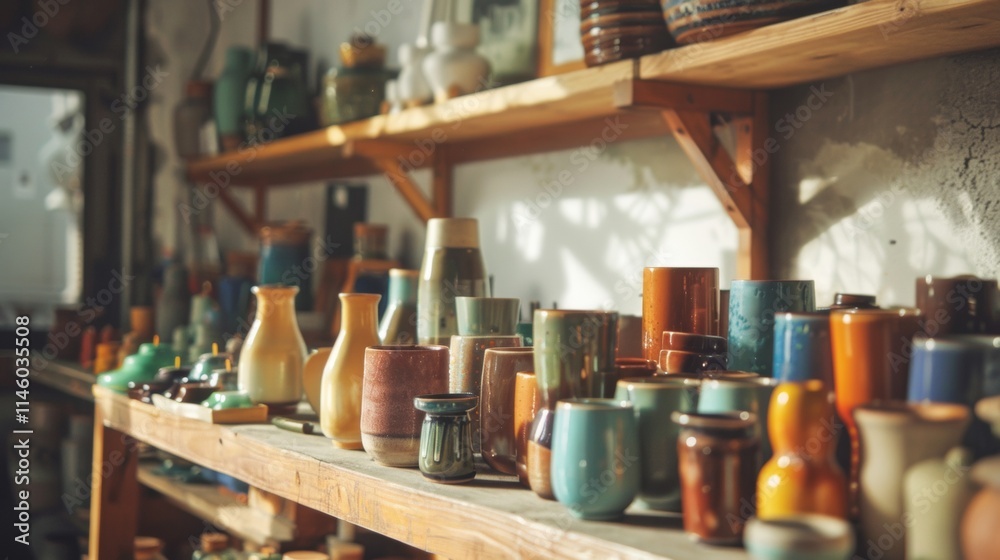 Rustic kitchen shelves filled with pottery and utensils Rustic kitchen shelves filled with pottery and utensils
