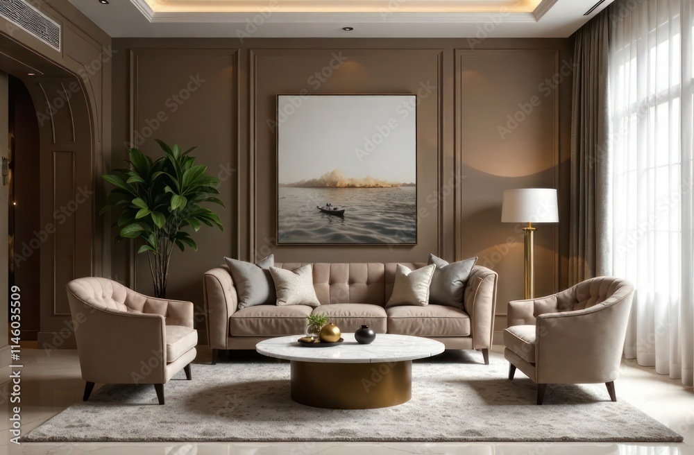Fototapeta premium elegant and stylish urban apartment, interior design with artwork on wall. luxury living room with modern furniture, velvet armchairs, gold accents and marble coffee table under soft lighting