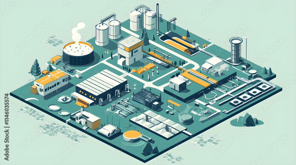 Aerial View of Modern Industrial Complex Featuring Various Facilities for Energy Production, Storage Tanks, Waste Management, and Manufacturing Processes Aerial View of Modern Industrial Complex Featuring Various Facilities for Energy Production, Storage Tanks, Waste Management, and Manufacturing Processes