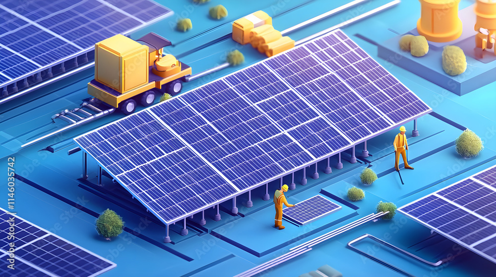 Aerial View of Solar Energy Farm with Workers and Machinery Under Bright Blue Sky, Representing Modern Renewable Energy Solutions and Sustainability Efforts Aerial View of Solar Energy Farm with Workers and Machinery Under Bright Blue Sky, Representing Modern Renewable Energy Solutions and Sustainability Efforts