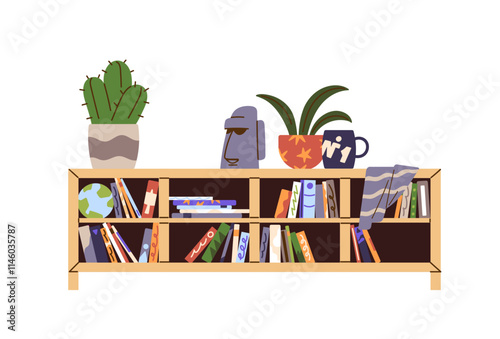 Different paper books on shelves of bookcase. Bookshelf, wooden case of novels, tales, stories for reading. Interior decoration of home library, furniture. Flat isolated vector illustration on white