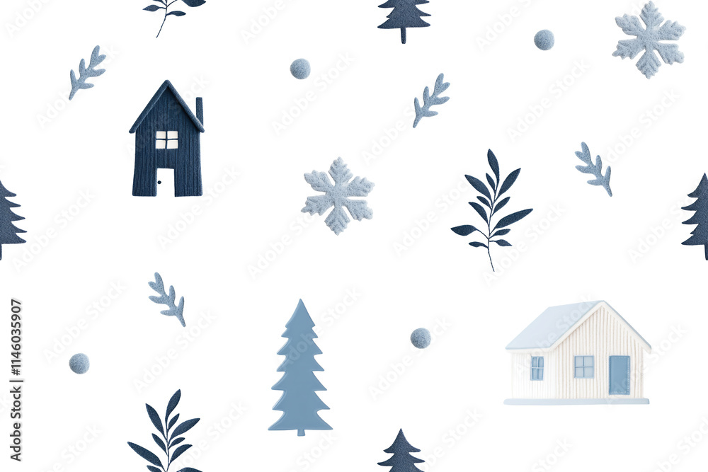 Fototapeta premium Seamless patterns of Christmas style blue felt house, fir trees and snowflakes on white background. Winter New Year illustration for printing on fabric, wrapping paper and holiday and new year prints