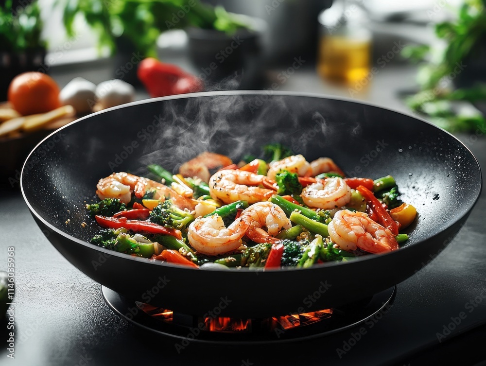 Stir-fry Cooking in Black Frying Pan, Warm Colors and Textures, Home Kitchen Setup for Food Promotions Stir-fry Cooking in Black Frying Pan, Warm Colors and Textures, Home Kitchen Setup for Food Promotions