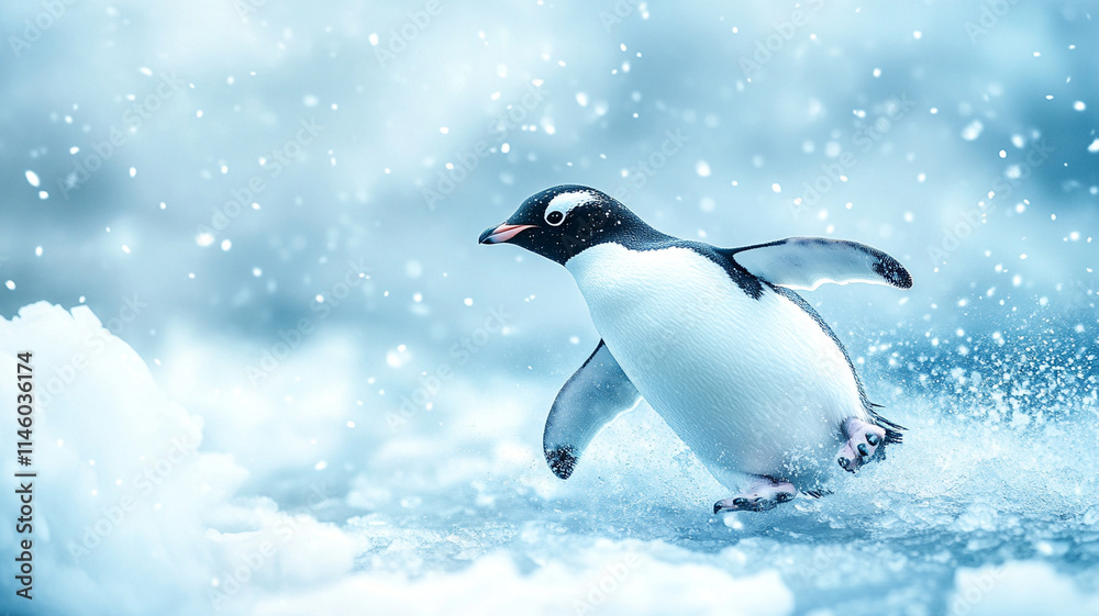 Fototapeta premium playful penguin sliding on snow in winter wonderland scene