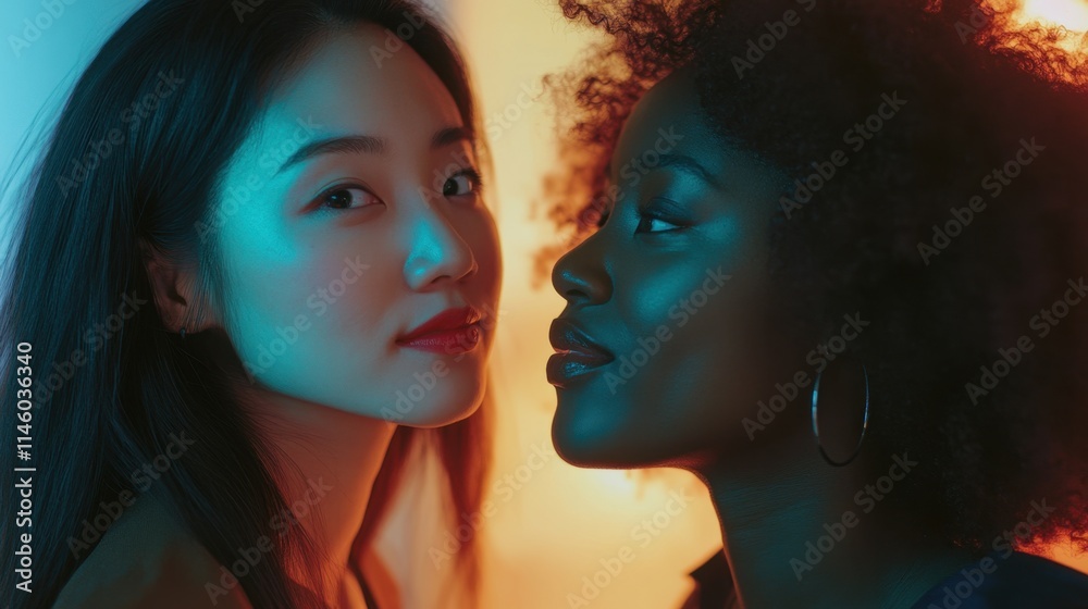 Obraz premium Two fashion models posing under colorful neon lights