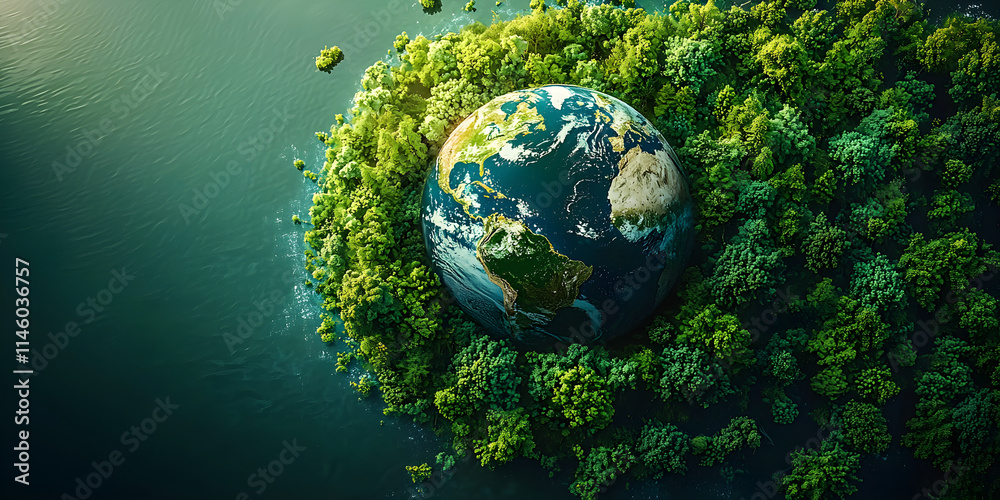 Fototapeta premium Earth Surrounded by Lush Green Forests and Calm Waters Symbolizing Environmental Balance and Harmony between Nature and Planet's Health