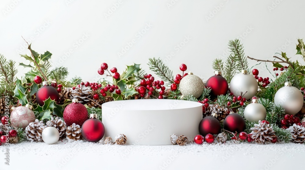 White cylindrical podium decorated with Christmas ornaments, pine cones, holly, and snow. White cylindrical podium decorated with Christmas ornaments, pine cones, holly, and snow.