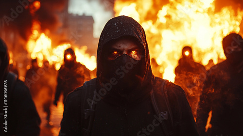 Fiery Protest  Masked Figure in Burning City