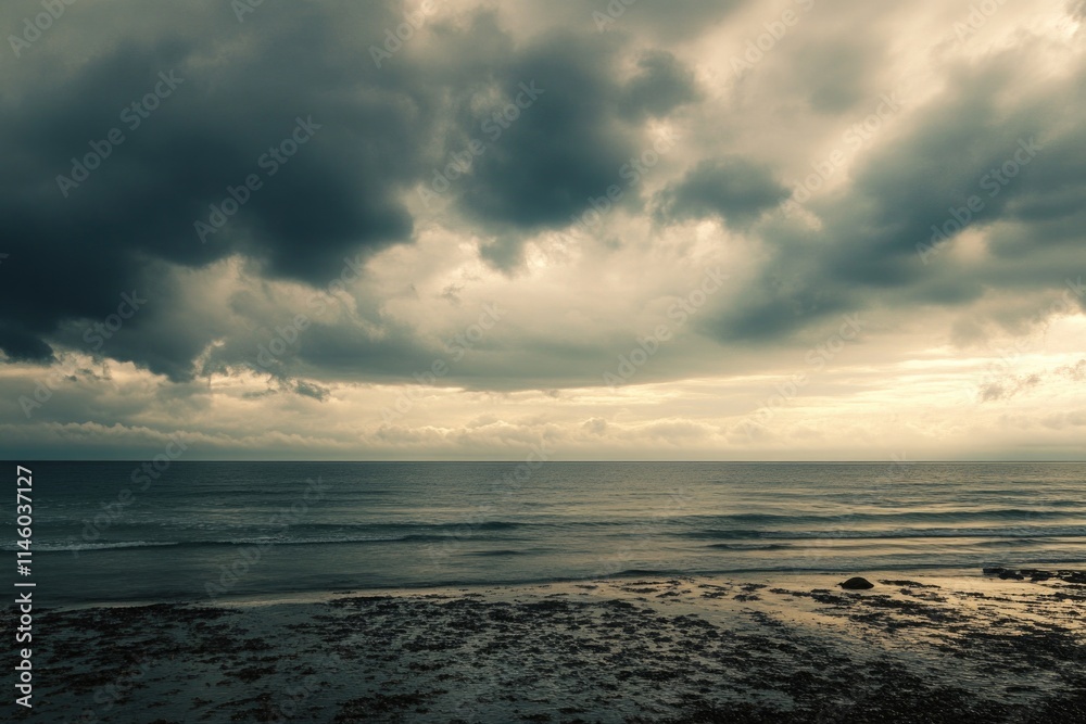 Fototapeta premium A person strolling along the shore, enjoying the overcast weather