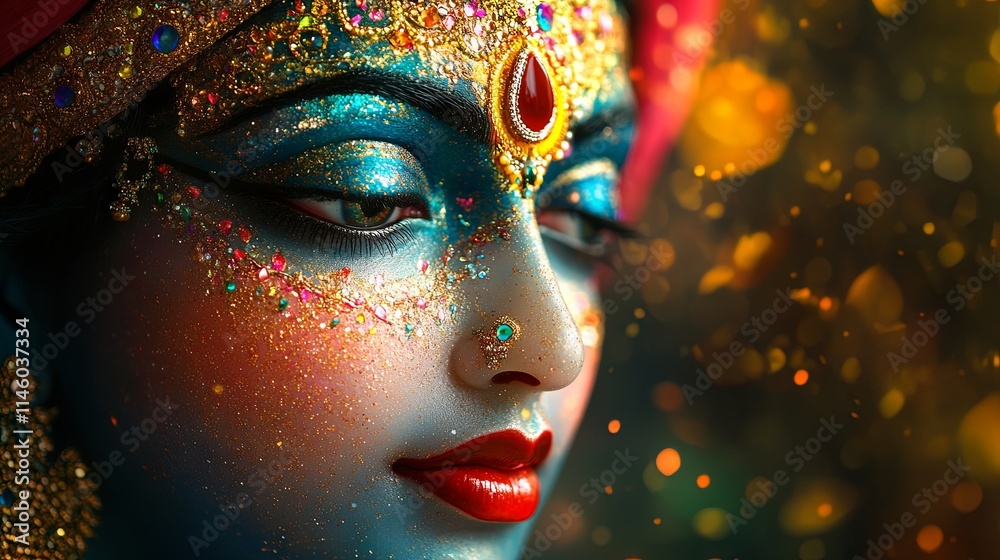 A stunning stock image of the divine Krishna, portrayed with enchanting colors and a beautiful, sacred aura A stunning stock image of the divine Krishna, portrayed with enchanting colors and a beautiful, sacred aura