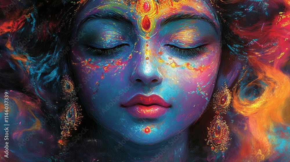 A stunning stock image of the divine Krishna, portrayed with enchanting colors and a beautiful, sacred aura A stunning stock image of the divine Krishna, portrayed with enchanting colors and a beautiful, sacred aura