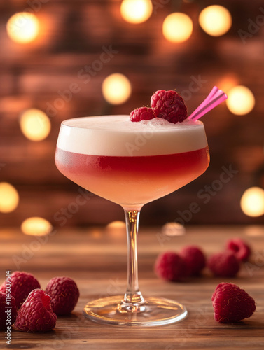 professional photo of an Elixir of Love cocktail, a vibrant pink blend with a gradient from deep raspberry at the bottom to a bubbly champagne hue at the top, 