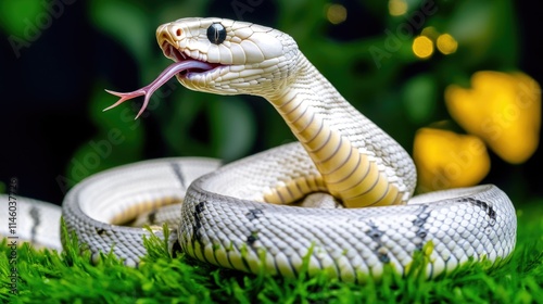 Close-up shot of a snake's mouth open, revealing sharp teeth and tongue photo