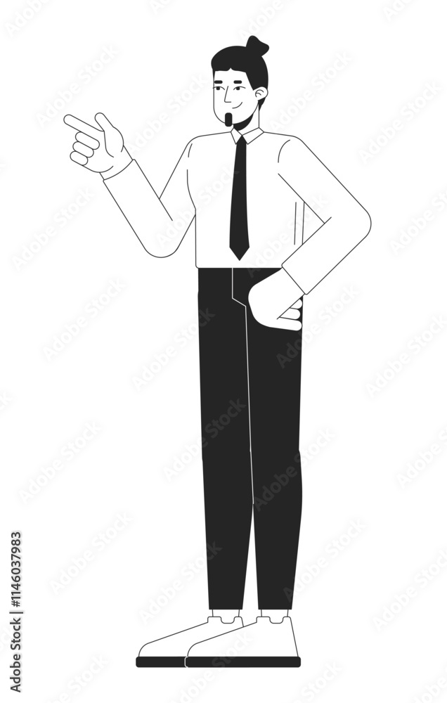 Confident suit tie business man gesture pointing finger black and white 2D line character. Caucasian boss aiming finger gun cheerful isolated vector outline person. Monochromatic spot illustration Confident suit tie business man gesture pointing finger black and white 2D line character. Caucasian boss aiming finger gun cheerful isolated vector outline person. Monochromatic spot illustration