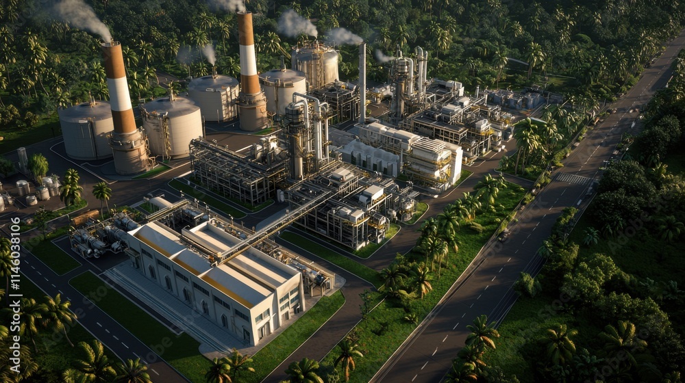 Fototapeta premium Aerial view of an industrial complex surrounded by greenery, featuring smokestacks and various machinery, illustrating industrial activity in a natural setting.