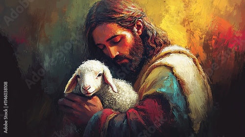 A Christian abstract minimalist canvas painting of Jesus Christ holding a lamb, symbolizing Him as the Good Shepherd, with Bible verses in the background, ideal for Easter-themed wall art