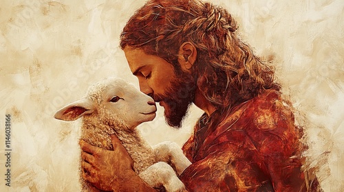A Christian abstract minimalist canvas painting of Jesus Christ holding a lamb, symbolizing Him as the Good Shepherd, with Bible verses in the background, ideal for Easter-themed wall art