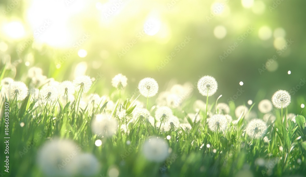 Fototapeta premium A Serene Meadow of Dandelions Glowing in the Soft Morning Light with a Gentle Breeze, Inviting Nature’s Beauty and Peaceful Atmosphere