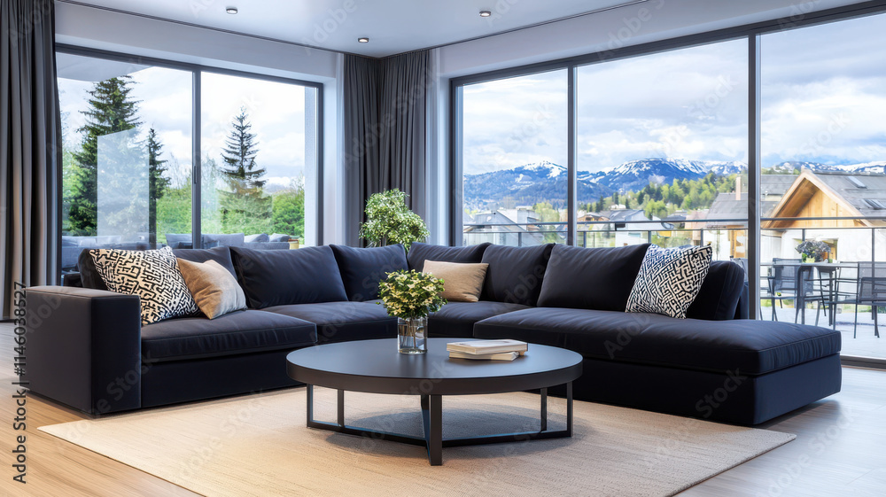 Modern living room with sapphire blue sectional sofa and mountain view Modern living room with sapphire blue sectional sofa and mountain view