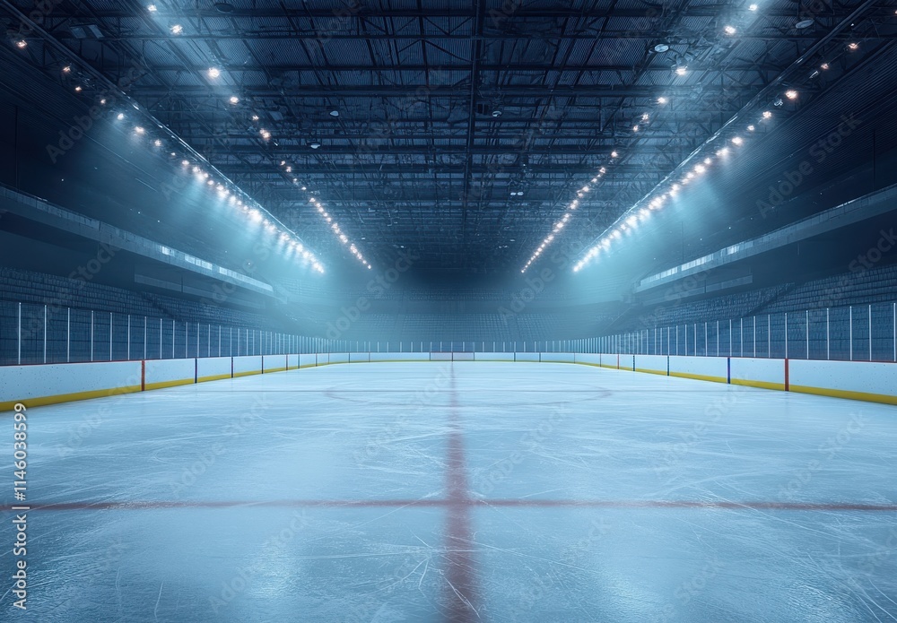 A Stunning Empty Ice Hockey Rink Illuminated by Bright Floodlights Creating an Eerie and Atmospheric Ambiance Perfect for Sports-Themed Designs and Illustrations A Stunning Empty Ice Hockey Rink Illuminated by Bright Floodlights Creating an Eerie and Atmospheric Ambiance Perfect for Sports-Themed Designs and Illustrations