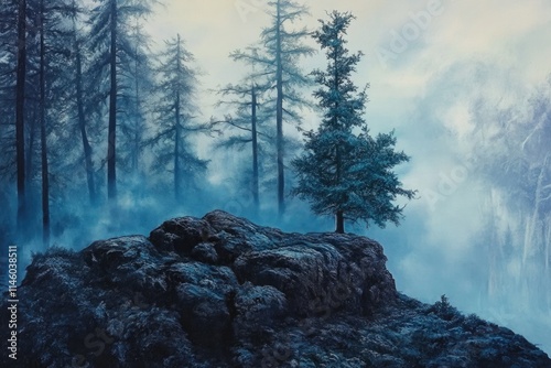 A single tree growing out of a rocky outcropping in a natural setting photo