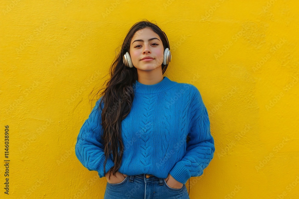 A young mexican latin american woman wears headphones while dressed in a blue sweater and jeans. sHe exhibits a relaxed yet confident attitude against a vibrant yellow background.