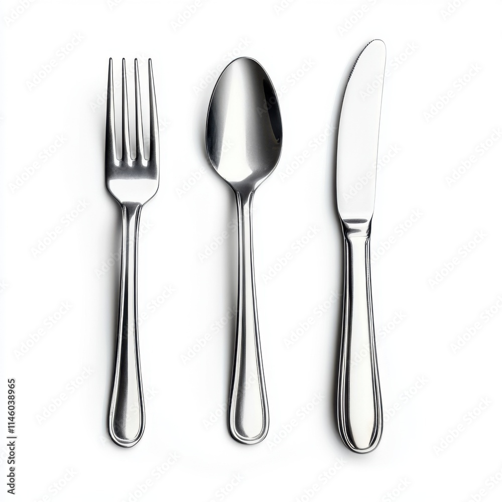 Set of shiny stainless steel knife, fork, and spoon arranged neatly on a white background showing classic tableware design Set of shiny stainless steel knife, fork, and spoon arranged neatly on a white background showing classic tableware design