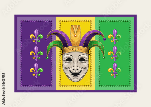 Rectangular Mardi Gras banner, flag with Fleur de Lis symbol, beads, jester face mask in harlequin hat. Traditional holiday colors. Vintage style