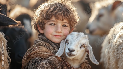 A young rural boy dressed in traditional Middle Eastern attire lovingly carries a small baby goat from the herd. Depicted as a devoted servant of the Lord, the boy embodies themes of humility, hope, a photo