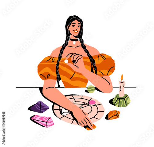 Fortune teller makes divination by horoscope, telling destiny with numerology. Fortuneteller goes astrology, human design and natal chart. Flat isolated vector illustration on white background