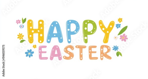  Colorful “Happy Easter” Text with Polka Dots and Floral Patterns in Festive Design