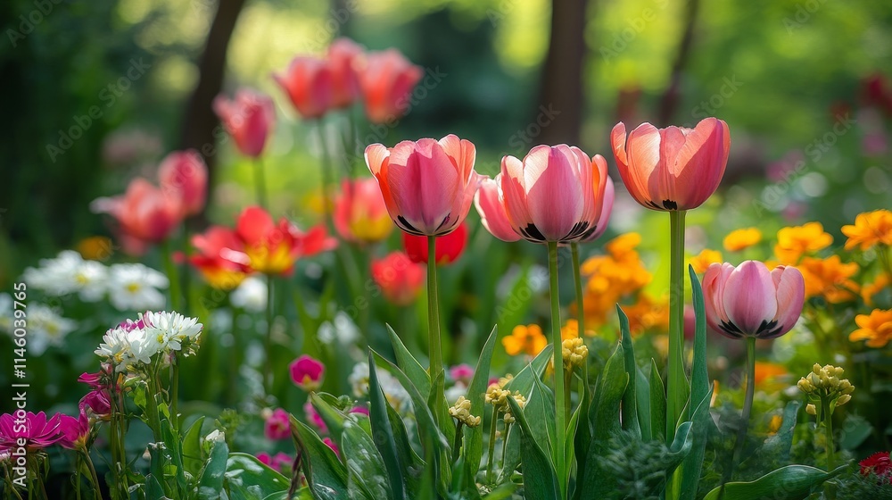 Beautiful flowers in an outdoor garden showcase the enchanting beauty of nature, creating a serene atmosphere that highlights the charm of vibrant blooms in a tranquil setting.