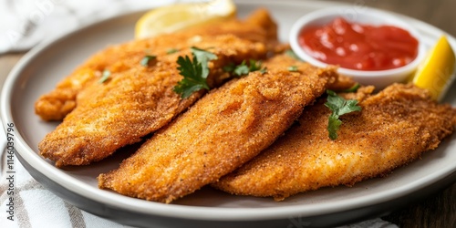 Obraz na płótnie Delicious deep fried spiced catfish served hot, featuring a crispy exterior and flavorful seasoning, perfect for seafood lovers seeking a satisfying deep fried catfish experience. w salonie