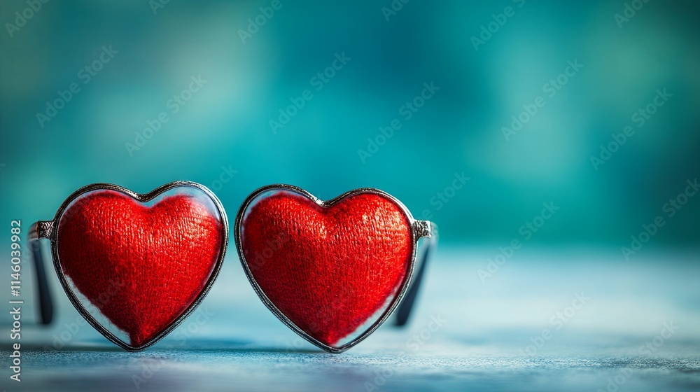 Two hearts wearing stylish glasses, symbolizing the concept of hidden love against a blue background Two hearts wearing stylish glasses, symbolizing the concept of hidden love against a blue background