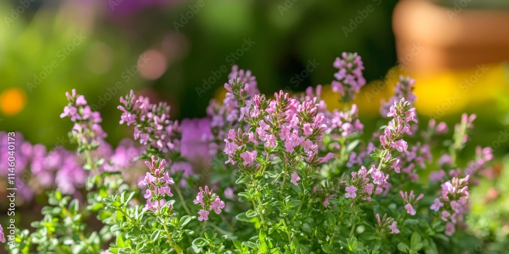 Fototapeta premium Thyme flowers in a vibrant vegetable garden showcase the beauty of thyme and highlight the delicate charm of thyme in full bloom, creating a picturesque scene in any garden setting.
