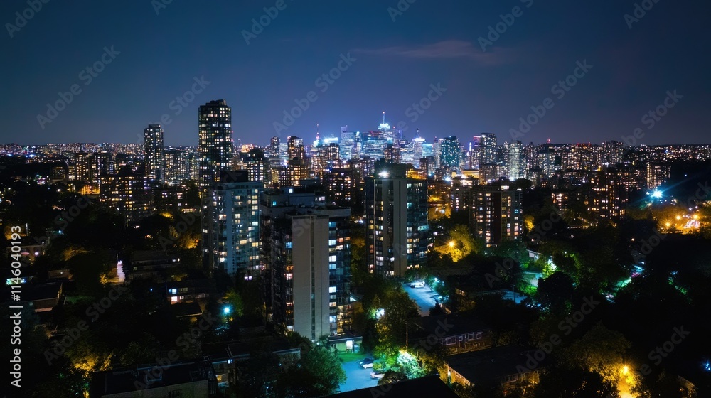 Fototapeta premium Nighttime Cityscape Overlooking Towers and Buildings Illuminated with Lights in Urban Landscape, Highlights of Life and Activity in a Metropolitan Area