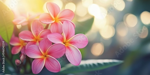 Close up of a frangipani plumeria plant featuring vibrant pink flowers illuminated by window light, with a beautiful backyard bokeh effect captured at a shallow depth of field.