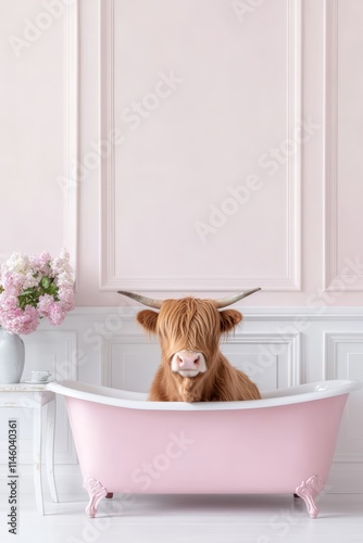 Highland Cow Relaxing in a Pink Bathtub with Elegant Floral Decor in Minimalist Setting