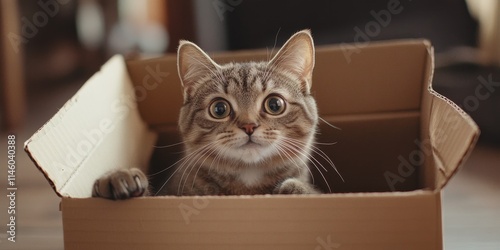 Playful cat exploring a cardboard box, showcasing the joy and curiosity of a cat as it interacts with a cardboard box, highlighting the fun and entertainment of a cat s playful nature. photo