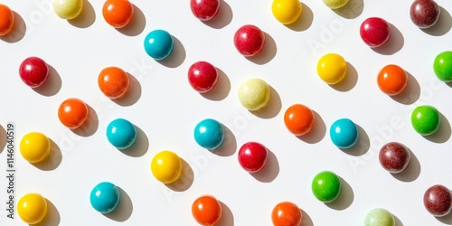 Colorful candies arranged on a bright white surface, showcasing an array of multicolored candies. This vibrant display of multicolored candies adds a fun element to any setting.