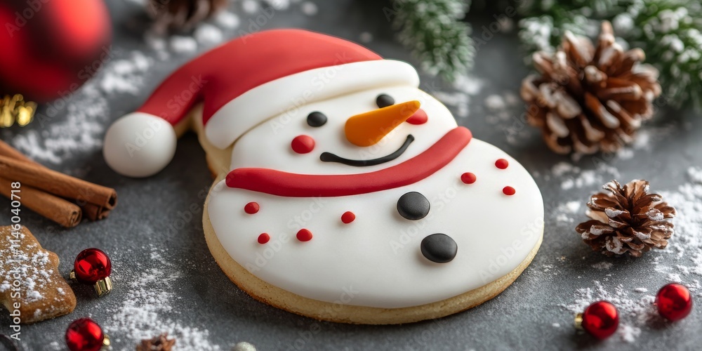Snowman shaped cookie displayed on a gray table, perfect for capturing the festive New Year mood. This snowman cookie adds a delightful touch to any holiday celebration. Snowman shaped cookie displayed on a gray table, perfect for capturing the festive New Year mood. This snowman cookie adds a delightful touch to any holiday celebration.