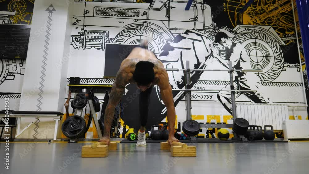 Young afro american sportsman trying to do push ups in handstand on wooden floor equipment indoor. Muscular african guy practicing hard stunts at modern gym. Concept of healthy and active lifestyle