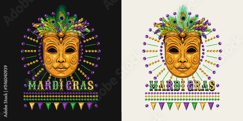 Mardi Gras themed label. Emblem with carnival golden venetian face mask with bundle of colorful feathers on top, beads, text. Vintage holiday composition.