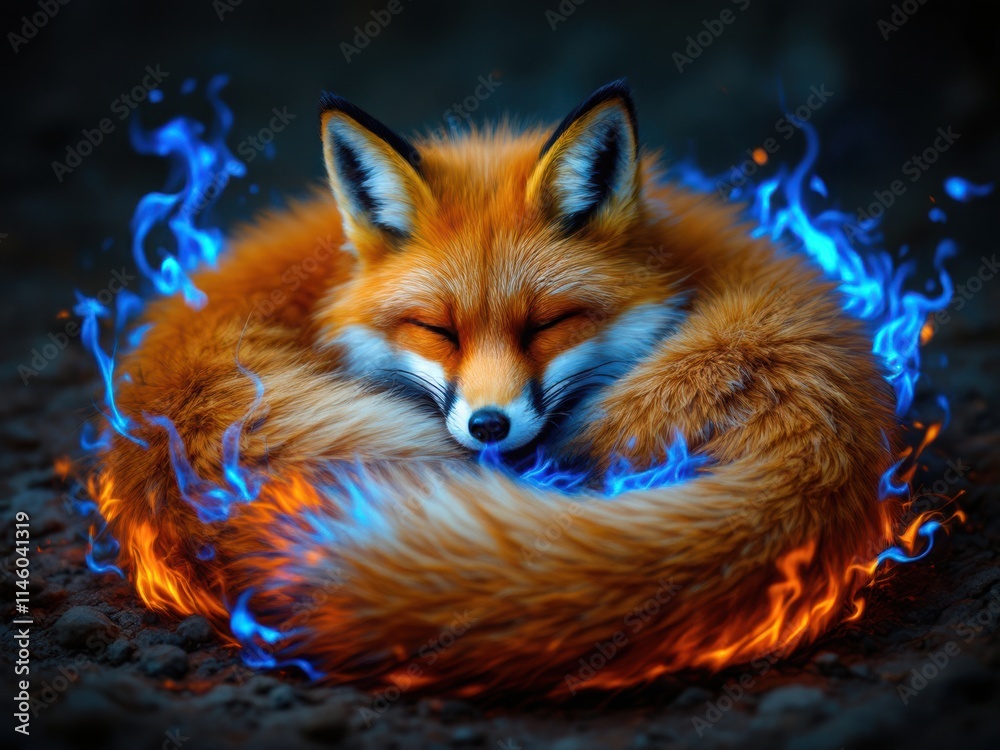 Fototapeta premium Sleeping Fox Encircled by Magical Blue and Orange Flames